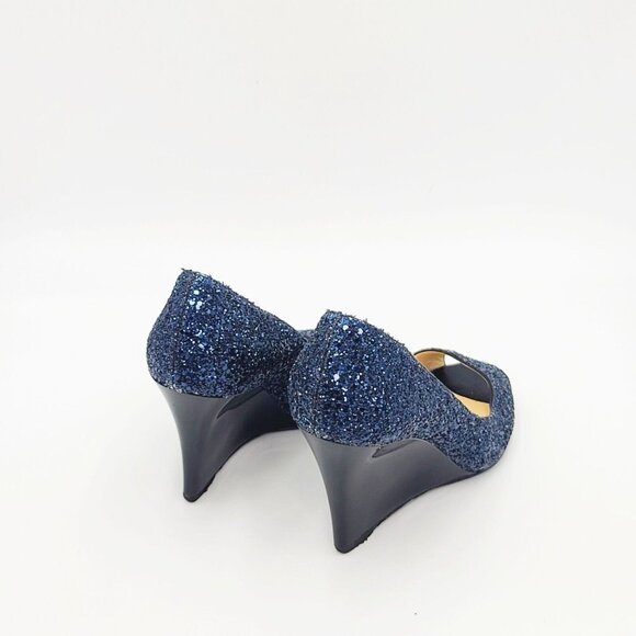 JIMMY CHOO Wedge Heels Blue Glitter BELLO Peep Toe Pumps Size 37.5 - Picture 6 of 9
